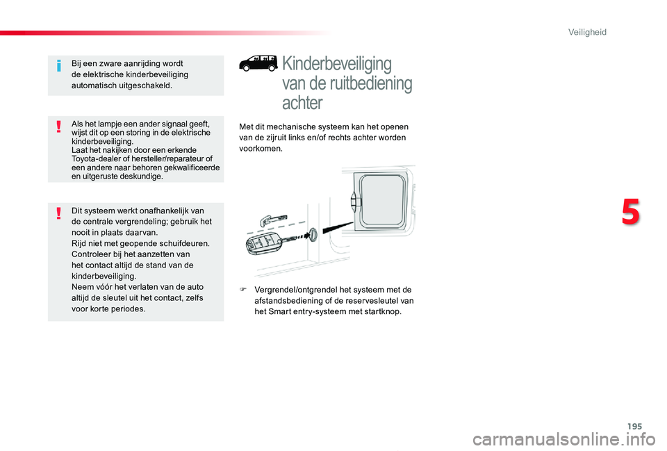 TOYOTA PROACE 2020 Instructieboekje (in Dutch) 195
Proace_nl_Chap05_securite_ed01-2019
Kinderbeveiliging
van de ruitbediening
achter
Met dit mechanische systeem kan het openen van de zijruit links en/of rechts achter worden voorkomen.
F Vergrend TOYOTA PROACE 2020 Instructieboekje (in Dutch) 195
Proace_nl_Chap05_securite_ed01-2019
Kinderbeveiliging
van de ruitbediening
achter
Met dit mechanische systeem kan het openen van de zijruit links en/of rechts achter worden voorkomen.
F Vergrend