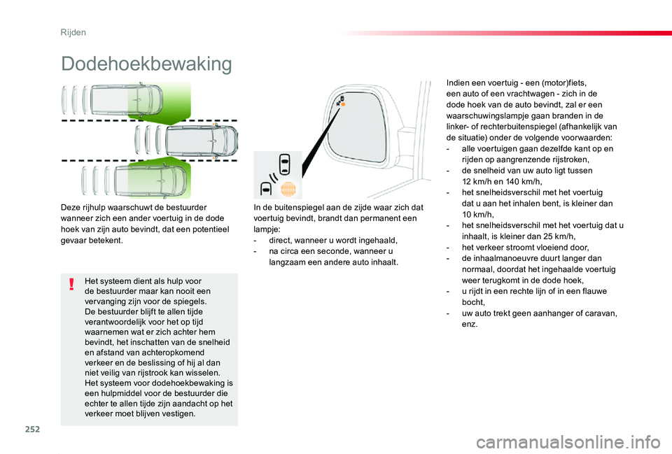 TOYOTA PROACE 2020  Instructieboekje (in Dutch) 252
Proace_nl_Chap06_conduite_ed01-2019
Dodehoekbewaking
In de buitenspiegel aan de zijde waar zich dat voertuig bevindt, brandt dan permanent een lampje:- direct, wanneer u wordt ingehaald,- na circa
