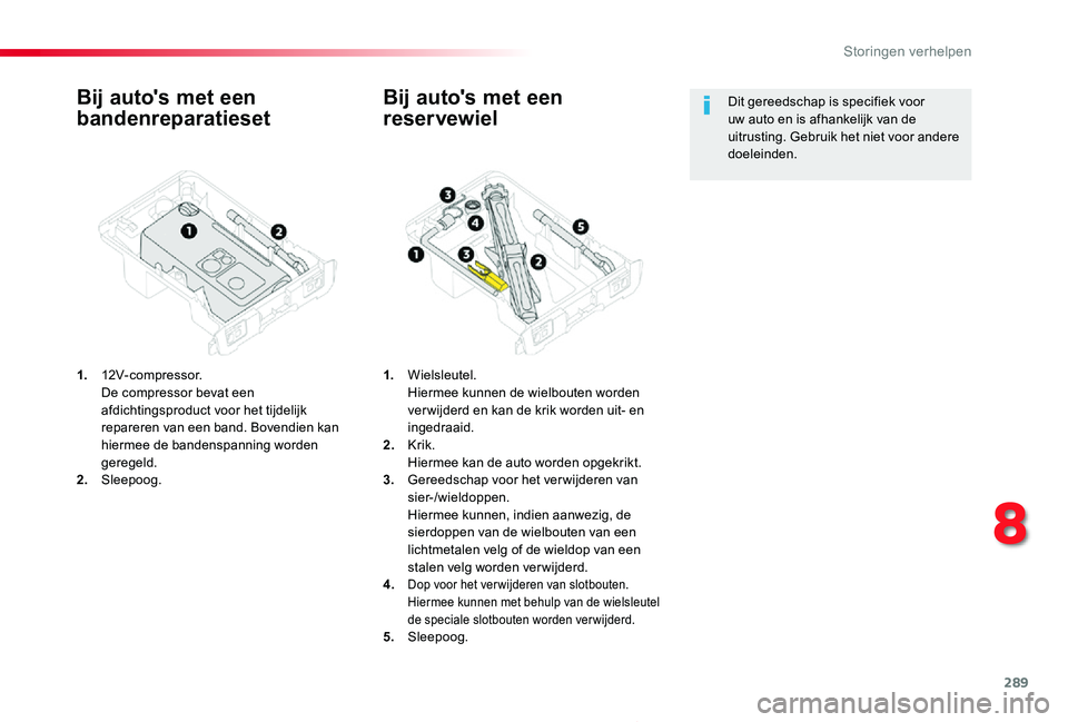 TOYOTA PROACE 2020  Instructieboekje (in Dutch) 289
Proace_nl_Chap08_En-cas-de-panne_ed01-2019
Bij auto's met een 
bandenreparatieset
1. 12V-compressor. De compressor bevat een afdichtingsproduct voor het tijdelijk repareren van een band. Boven