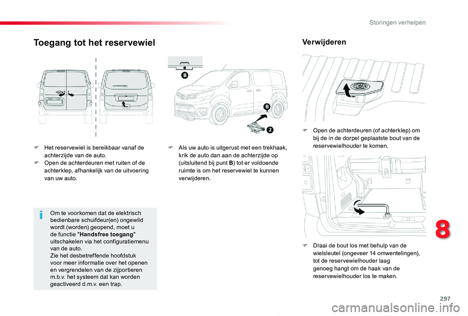 TOYOTA PROACE 2020  Instructieboekje (in Dutch) 297
Proace_nl_Chap08_En-cas-de-panne_ed01-2019
F Het reser vewiel is bereikbaar vanaf de achterzijde van de auto.F Open de achterdeuren met ruiten of de achterklep, afhankelijk van de uitvoering van u