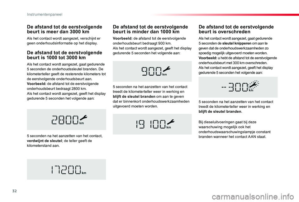 TOYOTA PROACE 2020  Instructieboekje (in Dutch) 32
Proace_nl_Chap01_instruments-de-bord_ed01-2019
De afstand tot de eerstvolgende beurt is 1000 tot 3000 km
Als het contact wordt aangezet, gaat gedurende 5 seconden de onderhoudssleutel branden. De k