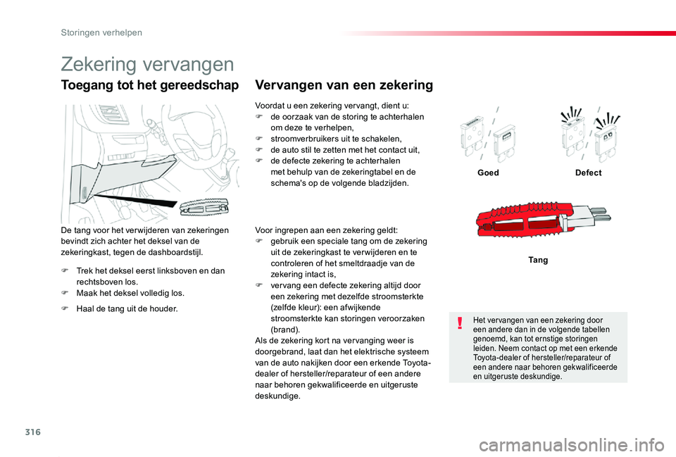 TOYOTA PROACE 2020 Instructieboekje (in Dutch) 316
Proace_nl_Chap08_En-cas-de-panne_ed01-2019
F Trek het deksel eerst linksboven en dan rechtsboven los.F Maak het deksel volledig los.
GoedDefect
Ta n g
Toegang tot het gereedschap
F Haal de tang ui TOYOTA PROACE 2020 Instructieboekje (in Dutch) 316
Proace_nl_Chap08_En-cas-de-panne_ed01-2019
F Trek het deksel eerst linksboven en dan rechtsboven los.F Maak het deksel volledig los.
GoedDefect
Ta n g
Toegang tot het gereedschap
F Haal de tang ui