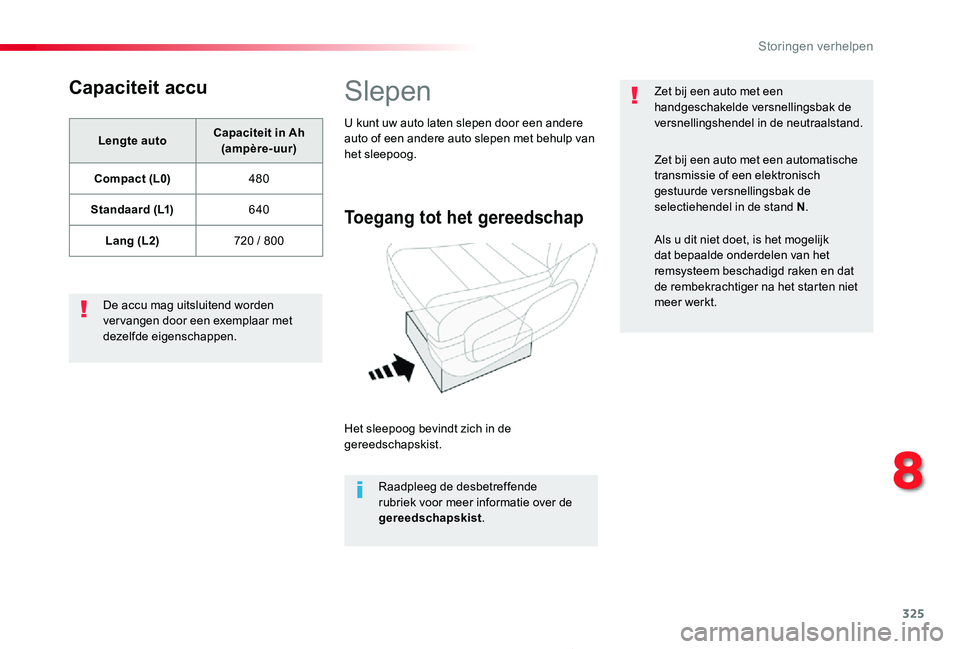 TOYOTA PROACE 2020 Instructieboekje (in Dutch) 325
Proace_nl_Chap08_En-cas-de-panne_ed01-2019
Capaciteit accu
Lengte autoCapaciteit in Ah (ampère-uur)
Compact (L0)480
Standaard (L1)640
Lang (L2)720 / 800
De accu mag uitsluitend worden ver vangen TOYOTA PROACE 2020 Instructieboekje (in Dutch) 325
Proace_nl_Chap08_En-cas-de-panne_ed01-2019
Capaciteit accu
Lengte autoCapaciteit in Ah (ampère-uur)
Compact (L0)480
Standaard (L1)640
Lang (L2)720 / 800
De accu mag uitsluitend worden ver vangen