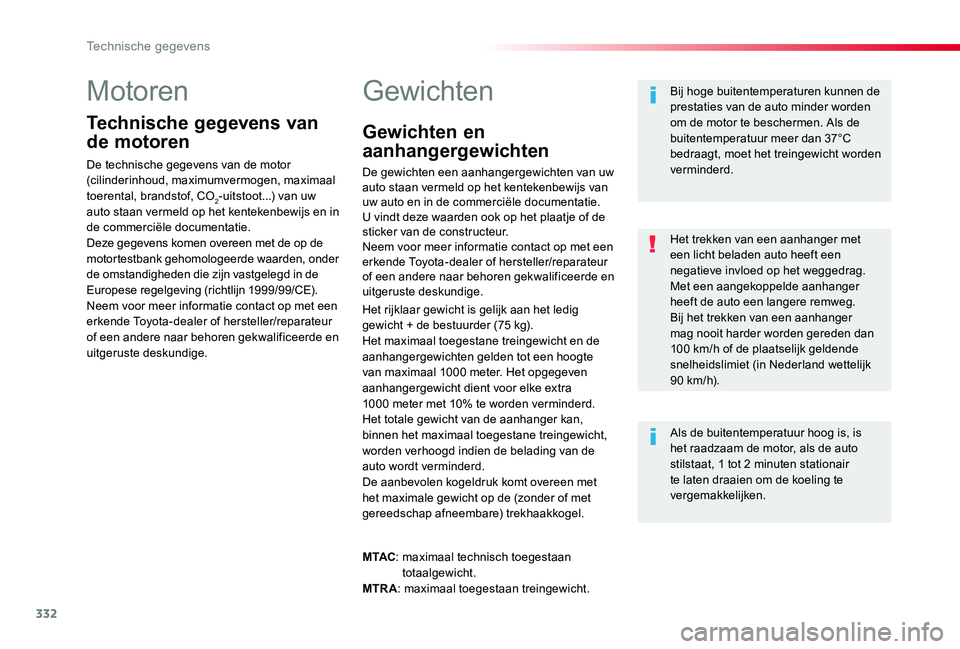 TOYOTA PROACE 2020 Instructieboekje (in Dutch) 332
Proace_nl_Chap09_caracteristiques-techniques_ed01-2019
Motoren
Technische gegevens van
de motoren
De technische gegevens van de motor (cilinderinhoud, maximumvermogen, maximaal toerental, brandst TOYOTA PROACE 2020 Instructieboekje (in Dutch) 332
Proace_nl_Chap09_caracteristiques-techniques_ed01-2019
Motoren
Technische gegevens van
de motoren
De technische gegevens van de motor (cilinderinhoud, maximumvermogen, maximaal toerental, brandst
