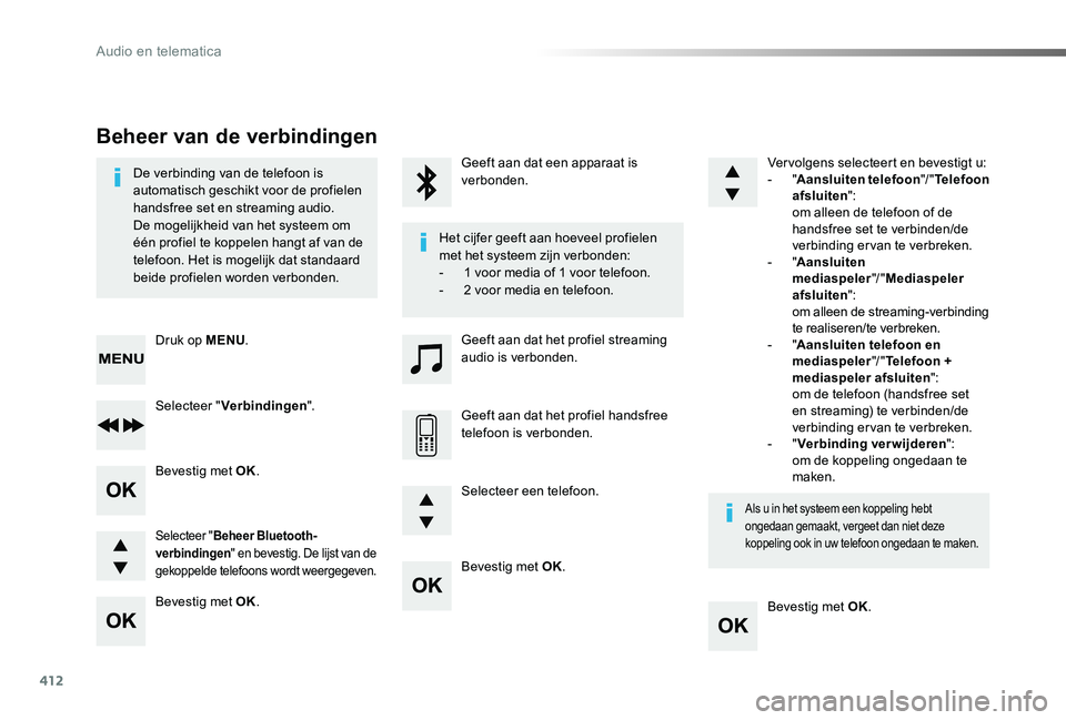 TOYOTA PROACE 2020  Instructieboekje (in Dutch) 412
Proace_nl_Chap10d_RD6_ed01-2019
Bevestig met OK.
Bevestig met OK.
Bevestig met OK.
Bevestig met OK.
De verbinding van de telefoon is automatisch geschikt voor de profielen handsfree set en streami