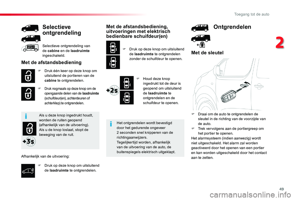 TOYOTA PROACE 2020 Instructieboekje (in Dutch) 49
Proace_nl_Chap02_ouvertures_ed01-2019
Met de sleutel
F Druk één keer op deze knop om uitsluitend de portieren van de cabine te ontgrendelen.
F Druk nogmaals op deze knop om de opengaande delen va TOYOTA PROACE 2020 Instructieboekje (in Dutch) 49
Proace_nl_Chap02_ouvertures_ed01-2019
Met de sleutel
F Druk één keer op deze knop om uitsluitend de portieren van de cabine te ontgrendelen.
F Druk nogmaals op deze knop om de opengaande delen va