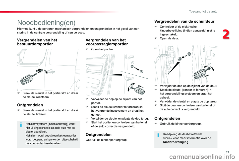 TOYOTA PROACE 2020 Instructieboekje (in Dutch) 53
Proace_nl_Chap02_ouvertures_ed01-2019
Noodbediening(en)
Vergrendelen van het bestuurdersportierVergrendelen van het voorpassagiersportier
F Open het portier.
Hiermee kunt u de portieren mechanisch TOYOTA PROACE 2020 Instructieboekje (in Dutch) 53
Proace_nl_Chap02_ouvertures_ed01-2019
Noodbediening(en)
Vergrendelen van het bestuurdersportierVergrendelen van het voorpassagiersportier
F Open het portier.
Hiermee kunt u de portieren mechanisch