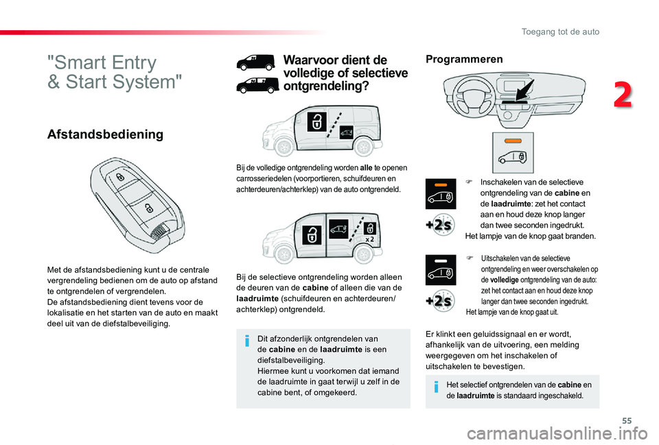 TOYOTA PROACE 2020 Instructieboekje (in Dutch) 55
Proace_nl_Chap02_ouvertures_ed01-2019
"Smart Entry
& Start System"
Met de afstandsbediening kunt u de centrale vergrendeling bedienen om de auto op afstand te ontgrendelen of vergrendelen TOYOTA PROACE 2020 Instructieboekje (in Dutch) 55
Proace_nl_Chap02_ouvertures_ed01-2019
"Smart Entry
& Start System"
Met de afstandsbediening kunt u de centrale vergrendeling bedienen om de auto op afstand te ontgrendelen of vergrendelen