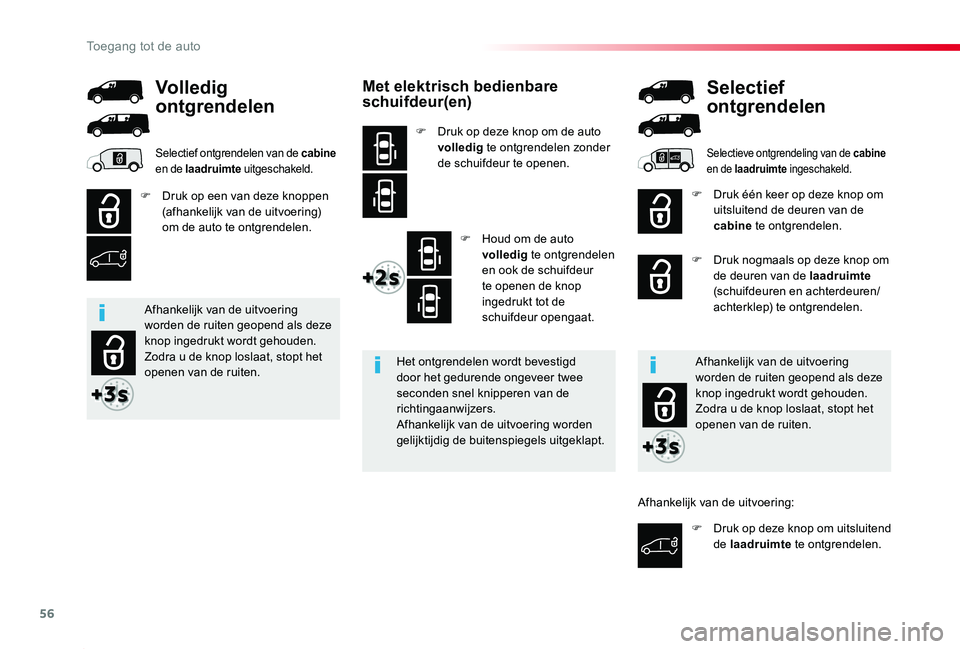 TOYOTA PROACE 2020 Instructieboekje (in Dutch) 56
Proace_nl_Chap02_ouvertures_ed01-2019
Met elektrisch bedienbare schuifdeur(en)
F Druk op deze knop om de auto volledig te ontgrendelen zonder de schuifdeur te openen.
F Houd om de auto volledig te TOYOTA PROACE 2020 Instructieboekje (in Dutch) 56
Proace_nl_Chap02_ouvertures_ed01-2019
Met elektrisch bedienbare schuifdeur(en)
F Druk op deze knop om de auto volledig te ontgrendelen zonder de schuifdeur te openen.
F Houd om de auto volledig te
