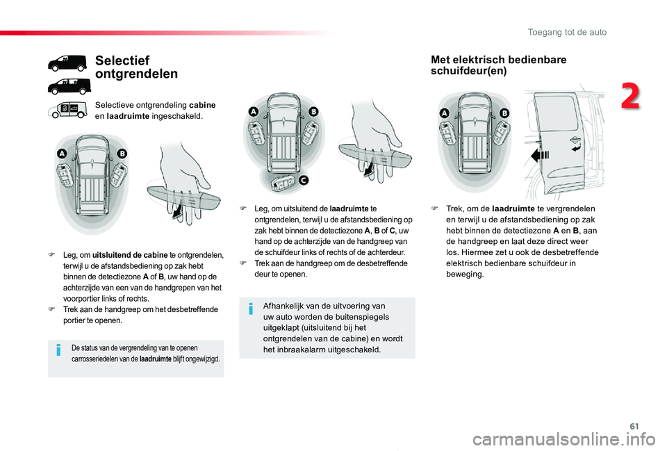 TOYOTA PROACE 2020 Instructieboekje (in Dutch) 61
Proace_nl_Chap02_ouvertures_ed01-2019
Afhankelijk van de uitvoering van
uw auto worden de buitenspiegels uitgeklapt (uitsluitend bij het ontgrendelen van de cabine) en wordt het inbraakalarm uitge TOYOTA PROACE 2020 Instructieboekje (in Dutch) 61
Proace_nl_Chap02_ouvertures_ed01-2019
Afhankelijk van de uitvoering van
uw auto worden de buitenspiegels uitgeklapt (uitsluitend bij het ontgrendelen van de cabine) en wordt het inbraakalarm uitge