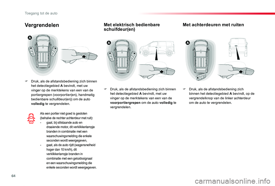 TOYOTA PROACE 2020 Instructieboekje (in Dutch) 64
Proace_nl_Chap02_ouvertures_ed01-2019
Met elektrisch bedienbare schuifdeur(en)Vergrendelen
F Druk, als de afstandsbediening zich binnen het detectiegebied A bevindt, met uw vinger op de merktekens TOYOTA PROACE 2020 Instructieboekje (in Dutch) 64
Proace_nl_Chap02_ouvertures_ed01-2019
Met elektrisch bedienbare schuifdeur(en)Vergrendelen
F Druk, als de afstandsbediening zich binnen het detectiegebied A bevindt, met uw vinger op de merktekens