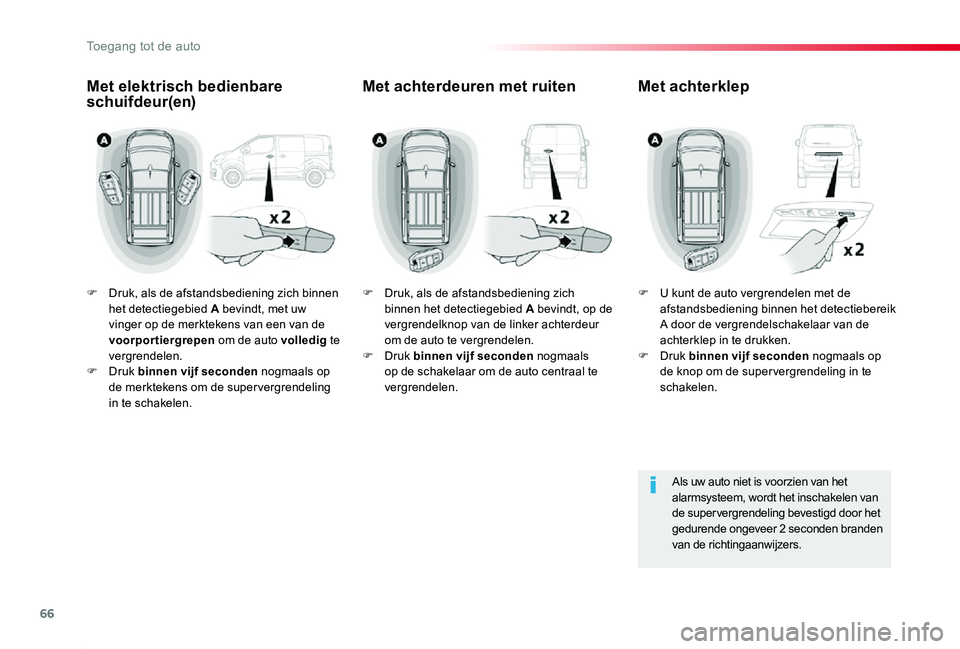 TOYOTA PROACE 2020 Instructieboekje (in Dutch) 66
Proace_nl_Chap02_ouvertures_ed01-2019
F Druk, als de afstandsbediening zich binnen het detectiegebied A bevindt, met uw vinger op de merktekens van een van de voorportiergrepen om de auto volledig TOYOTA PROACE 2020 Instructieboekje (in Dutch) 66
Proace_nl_Chap02_ouvertures_ed01-2019
F Druk, als de afstandsbediening zich binnen het detectiegebied A bevindt, met uw vinger op de merktekens van een van de voorportiergrepen om de auto volledig