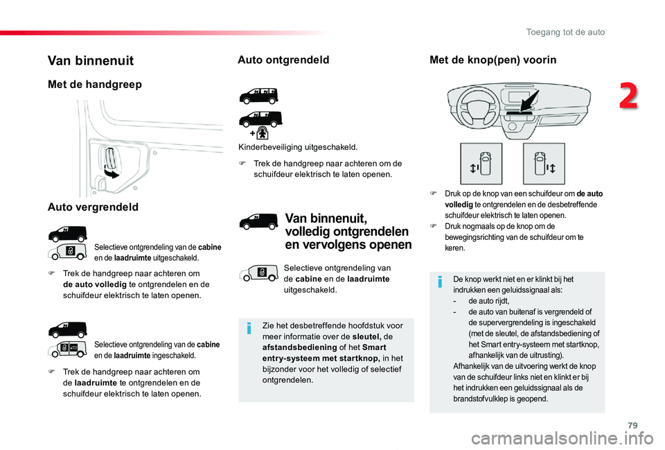 TOYOTA PROACE 2020 Instructieboekje (in Dutch) 79
Proace_nl_Chap02_ouvertures_ed01-2019
F Trek de handgreep naar achteren om de laadruimte te ontgrendelen en de schuifdeur elektrisch te laten openen.
F Trek de handgreep naar achteren om de schuifd TOYOTA PROACE 2020 Instructieboekje (in Dutch) 79
Proace_nl_Chap02_ouvertures_ed01-2019
F Trek de handgreep naar achteren om de laadruimte te ontgrendelen en de schuifdeur elektrisch te laten openen.
F Trek de handgreep naar achteren om de schuifd