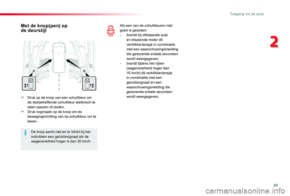 TOYOTA PROACE 2020 Instructieboekje (in Dutch) 83
Proace_nl_Chap02_ouvertures_ed01-2019
F Druk op de knop van een schuifdeur om de desbetreffende schuifdeur elektrisch te laten openen of sluiten.F Druk nogmaals op de knop om de bewegingsrichting v TOYOTA PROACE 2020 Instructieboekje (in Dutch) 83
Proace_nl_Chap02_ouvertures_ed01-2019
F Druk op de knop van een schuifdeur om de desbetreffende schuifdeur elektrisch te laten openen of sluiten.F Druk nogmaals op de knop om de bewegingsrichting v