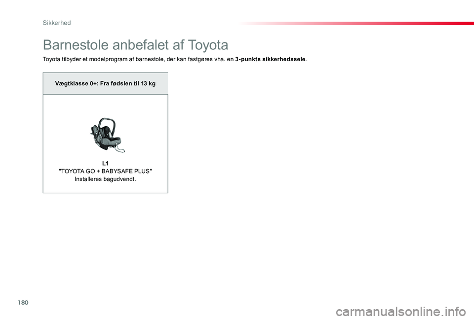 TOYOTA PROACE 2020 Brugsanvisning (in Danish) 180
Barnestole anbefalet af Toyota
Toyota tilbyder et modelprogram af barnestole, der kan fastgøres vha. en 3-punkts sikkerhedssele.
Vægtklasse 0+: Fra fødslen til 13 kg
L1"TOYOTA GO + BABYSAFE TOYOTA PROACE 2020 Brugsanvisning (in Danish) 180
Barnestole anbefalet af Toyota
Toyota tilbyder et modelprogram af barnestole, der kan fastgøres vha. en 3-punkts sikkerhedssele.
Vægtklasse 0+: Fra fødslen til 13 kg
L1"TOYOTA GO + BABYSAFE