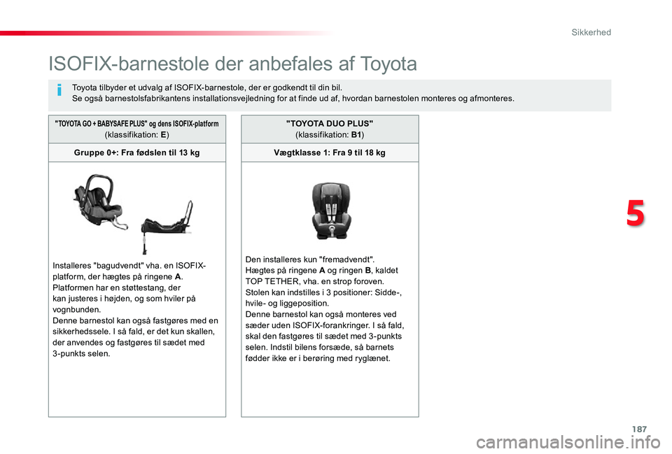 TOYOTA PROACE 2020 Brugsanvisning (in Danish) 187
ISOFIX-barnestole der anbefales af Toyota
Toyota tilbyder et udvalg af ISOFIX-barnestole, der er godkendt til din bil.Se også barnestolsfabrikantens installationsvejledning for at finde ud af, hv TOYOTA PROACE 2020 Brugsanvisning (in Danish) 187
ISOFIX-barnestole der anbefales af Toyota
Toyota tilbyder et udvalg af ISOFIX-barnestole, der er godkendt til din bil.Se også barnestolsfabrikantens installationsvejledning for at finde ud af, hv