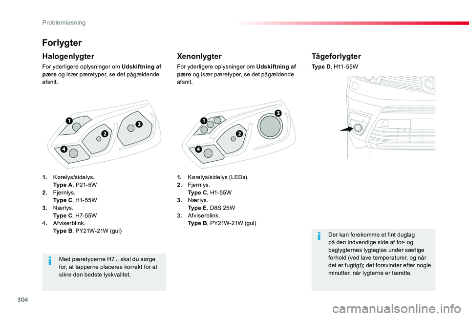 TOYOTA PROACE 2020 Brugsanvisning (in Danish) 304
Forlygter
Xenonlygter
For yderligere oplysninger om Udskiftning af pære og især pæretyper, se det pågældende afsnit.
Halogenlygter
For yderligere oplysninger om Udskiftning af pære og især TOYOTA PROACE 2020 Brugsanvisning (in Danish) 304
Forlygter
Xenonlygter
For yderligere oplysninger om Udskiftning af pære og især pæretyper, se det pågældende afsnit.
Halogenlygter
For yderligere oplysninger om Udskiftning af pære og især