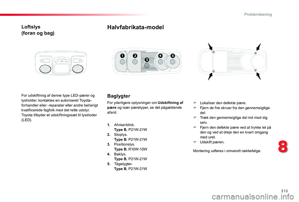 TOYOTA PROACE 2020 Brugsanvisning (in Danish) 315
Loftslys
(foran og bag)
For udskiftning af denne type LED-pærer og lysholder, kontaktes en autoriseret Toyota-forhandler eller -reparatør eller andre behørigt kvalificerede fagfolk med det rett TOYOTA PROACE 2020 Brugsanvisning (in Danish) 315
Loftslys
(foran og bag)
For udskiftning af denne type LED-pærer og lysholder, kontaktes en autoriseret Toyota-forhandler eller -reparatør eller andre behørigt kvalificerede fagfolk med det rett