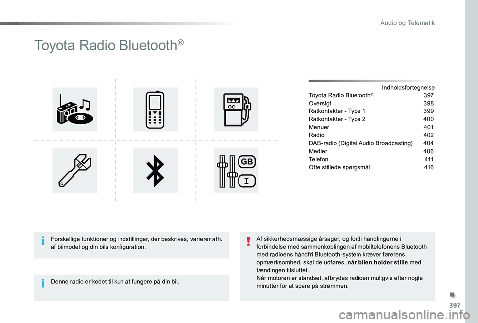 TOYOTA PROACE 2020 Brugsanvisning (in Danish) 397
Toyota Radio Bluetooth®
IndholdsfortegnelseToyota Radio Bluetooth® 397
Oversigt 398
Ratkontakter - Type 1 399
Ratkontakter - Type 2 400
Menuer 401
Radio 402
DAB-radio (Digital Audio Broadcast TOYOTA PROACE 2020 Brugsanvisning (in Danish) 397
Toyota Radio Bluetooth®
IndholdsfortegnelseToyota Radio Bluetooth® 397
Oversigt 398
Ratkontakter - Type 1 399
Ratkontakter - Type 2 400
Menuer 401
Radio 402
DAB-radio (Digital Audio Broadcast