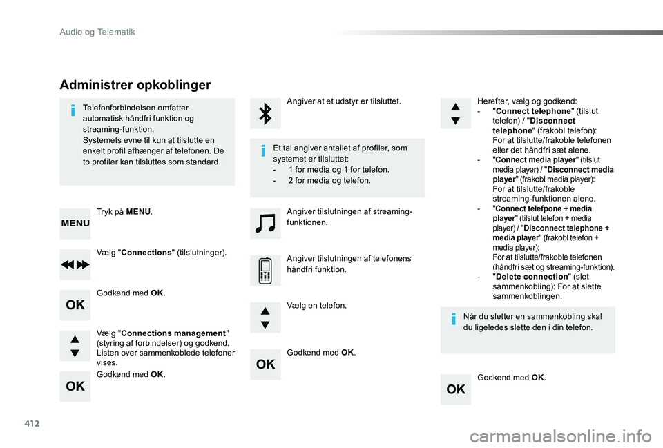 TOYOTA PROACE 2020 Brugsanvisning (in Danish) 412
Godkend med OK.
Godkend med OK.
Godkend med OK.
Godkend med OK.
Telefonforbindelsen omfatter automatisk håndfri funktion og streaming-funktion.Systemets evne til kun at tilslutte en enkelt profil TOYOTA PROACE 2020 Brugsanvisning (in Danish) 412
Godkend med OK.
Godkend med OK.
Godkend med OK.
Godkend med OK.
Telefonforbindelsen omfatter automatisk håndfri funktion og streaming-funktion.Systemets evne til kun at tilslutte en enkelt profil