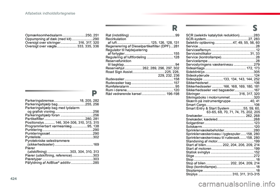 TOYOTA PROACE 2020  Brugsanvisning (in Danish) 424
Parkeringsbremse ...........................18, 205, 282Parkeringshjælp bag .............................255, 256Parkeringshjælp bag med lydalarm  og grafisk visning ............................