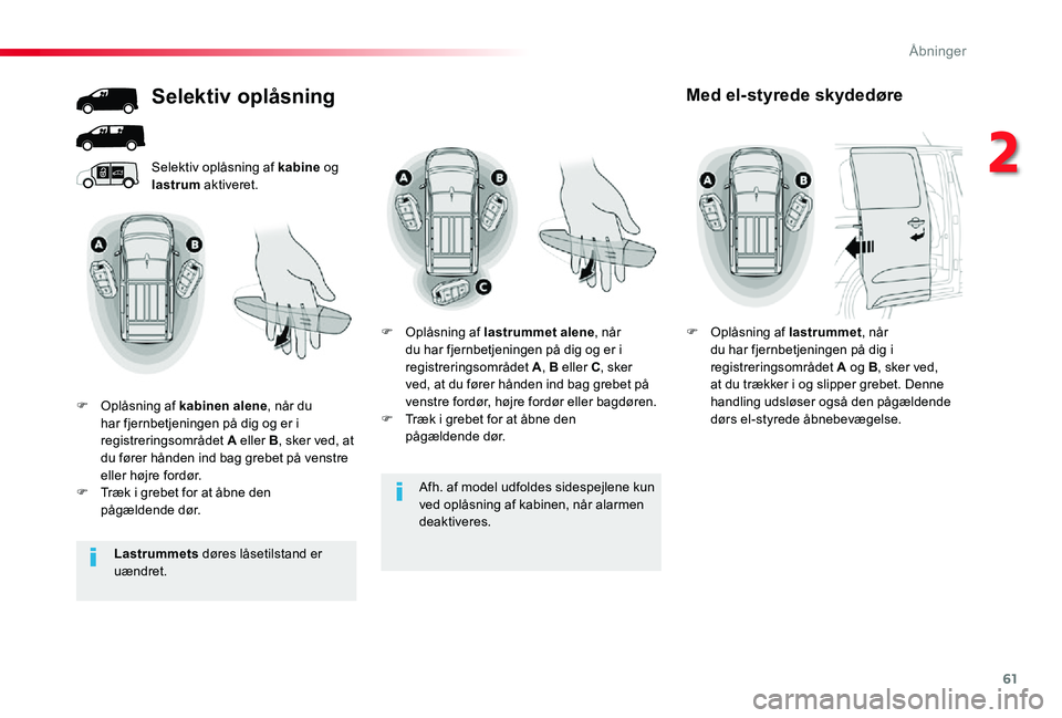 TOYOTA PROACE 2020 Brugsanvisning (in Danish) 61
Afh. af model udfoldes sidespejlene kun
ved oplåsning af kabinen, når alarmen deaktiveres.
Selektiv oplåsning af kabine og lastrum aktiveret.
Selektiv oplåsning
F Oplåsning af kabinen alene, TOYOTA PROACE 2020 Brugsanvisning (in Danish) 61
Afh. af model udfoldes sidespejlene kun
ved oplåsning af kabinen, når alarmen deaktiveres.
Selektiv oplåsning af kabine og lastrum aktiveret.
Selektiv oplåsning
F Oplåsning af kabinen alene,