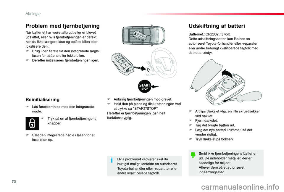 TOYOTA PROACE 2020 Brugsanvisning (in Danish) 70
Udskiftning af batteri
Batteriref.: CR2032 / 3 volt.Dette udskiftningsbatteri kan fås hos en autoriseret Toyota-forhandler eller -reparatør eller andre behørigt kvalificerede fagfolk med det ret TOYOTA PROACE 2020 Brugsanvisning (in Danish) 70
Udskiftning af batteri
Batteriref.: CR2032 / 3 volt.Dette udskiftningsbatteri kan fås hos en autoriseret Toyota-forhandler eller -reparatør eller andre behørigt kvalificerede fagfolk med det ret