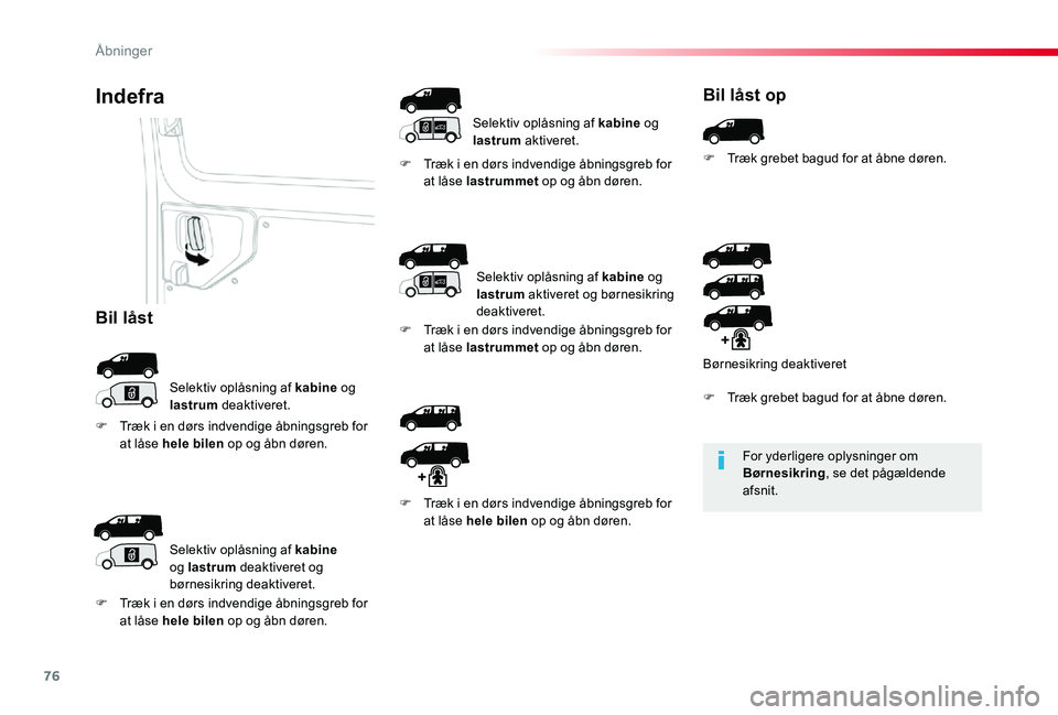 TOYOTA PROACE 2020 Brugsanvisning (in Danish) 76
For yderligere oplysninger om Børnesikring, se det pågældende afsnit.
Indefra
Selektiv oplåsning af kabine og lastrum deaktiveret.
F Træk i en dørs indvendige åbningsgreb for at låse lastru TOYOTA PROACE 2020 Brugsanvisning (in Danish) 76
For yderligere oplysninger om Børnesikring, se det pågældende afsnit.
Indefra
Selektiv oplåsning af kabine og lastrum deaktiveret.
F Træk i en dørs indvendige åbningsgreb for at låse lastru
