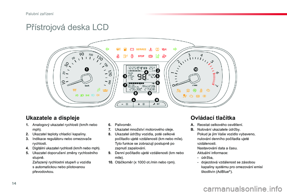 TOYOTA PROACE 2020 Návod na použití (in Czech) 14
Proace_cs_Chap01_instruments-de-bord_ed2019_V02
Přístrojová deska LCD
1. Analogový ukazatel rychlosti (km/h nebo m p h).2. Ukazatel teploty chladicí kapaliny.3. Indikace regulátoru nebo omez TOYOTA PROACE 2020 Návod na použití (in Czech) 14
Proace_cs_Chap01_instruments-de-bord_ed2019_V02
Přístrojová deska LCD
1. Analogový ukazatel rychlosti (km/h nebo m p h).2. Ukazatel teploty chladicí kapaliny.3. Indikace regulátoru nebo omez