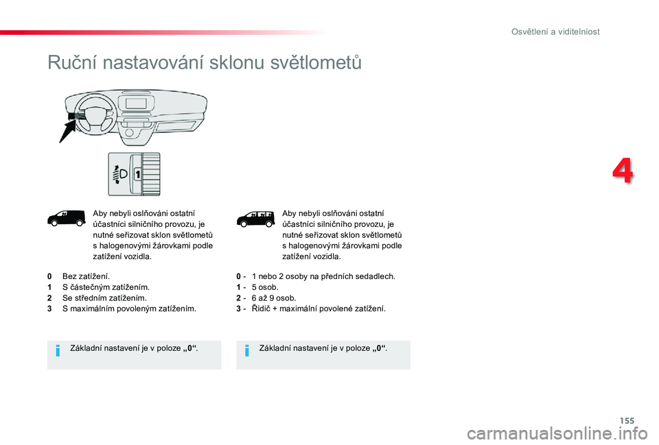 TOYOTA PROACE 2020 Návod na použití (in Czech) 155
Proace_cs_Chap04_eclairage-et-visibilite_ed2019_V02
Aby nebyli oslňováni ostatní účastníci silničního provozu, je nutné seřizovat sklon světlometů s halogenovými žárovkami podle zat TOYOTA PROACE 2020 Návod na použití (in Czech) 155
Proace_cs_Chap04_eclairage-et-visibilite_ed2019_V02
Aby nebyli oslňováni ostatní účastníci silničního provozu, je nutné seřizovat sklon světlometů s halogenovými žárovkami podle zat