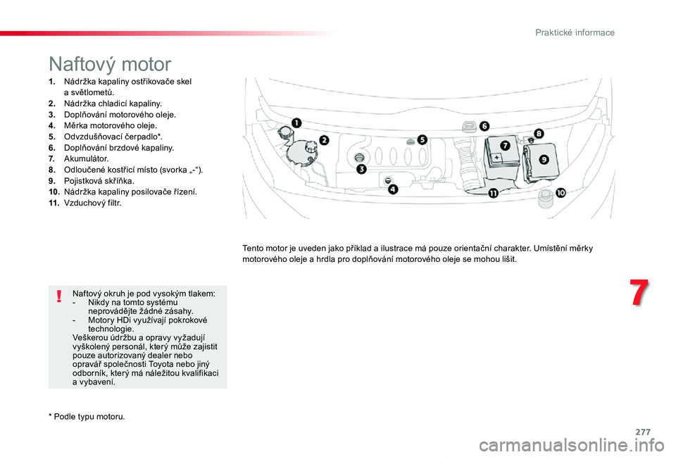 TOYOTA PROACE 2020 Návod na použití (in Czech) 277
Proace_cs_Chap07_info-pratiques_ed2019_V02
* Podle typu motoru.
Naftový motor
1. Nádržka kapaliny ostřikovače skel a světlometů.2. Nádržka chladicí kapaliny.3. Doplňování motorového TOYOTA PROACE 2020 Návod na použití (in Czech) 277
Proace_cs_Chap07_info-pratiques_ed2019_V02
* Podle typu motoru.
Naftový motor
1. Nádržka kapaliny ostřikovače skel a světlometů.2. Nádržka chladicí kapaliny.3. Doplňování motorového