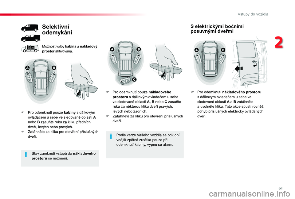 TOYOTA PROACE 2020 Návod na použití (in Czech) 61
Proace_cs_Chap02_ouvertures_ed2019_V02
Podle verze Vašeho vozidla se odklopí
vnější zpětná zrcátka pouze při odemknutí kabiny, vypne se alarm.
Možnost volby kabina a nákladový prostor TOYOTA PROACE 2020 Návod na použití (in Czech) 61
Proace_cs_Chap02_ouvertures_ed2019_V02
Podle verze Vašeho vozidla se odklopí
vnější zpětná zrcátka pouze při odemknutí kabiny, vypne se alarm.
Možnost volby kabina a nákladový prostor