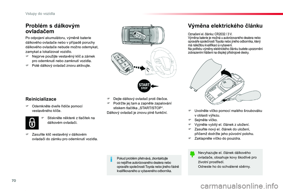 TOYOTA PROACE 2020 Návod na použití (in Czech) 70
Proace_cs_Chap02_ouvertures_ed2019_V02
Výměna elektrického článku
Označení el. článku: CR2032 / 3 V.Výměna baterie je možná u autorizovaného dealera nebo opraváře společnosti Toyot TOYOTA PROACE 2020 Návod na použití (in Czech) 70
Proace_cs_Chap02_ouvertures_ed2019_V02
Výměna elektrického článku
Označení el. článku: CR2032 / 3 V.Výměna baterie je možná u autorizovaného dealera nebo opraváře společnosti Toyot