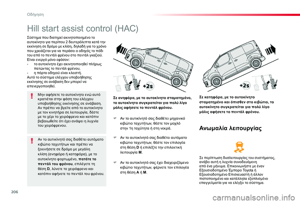 TOYOTA PROACE 2020 ΟΔΗΓΌΣ ΧΡΉΣΗΣ (in Greek) 206
Proace_el_Chap06_conduite_ed01-2019
Hill start assist control (HAC)
Σύστημα που διατηρεί ακινητοποιημένο το αυτοκίνητο για περίπου 2 δευτ TOYOTA PROACE 2020 ΟΔΗΓΌΣ ΧΡΉΣΗΣ (in Greek) 206
Proace_el_Chap06_conduite_ed01-2019
Hill start assist control (HAC)
Σύστημα που διατηρεί ακινητοποιημένο το αυτοκίνητο για περίπου 2 δευτ