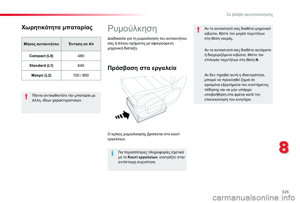 TOYOTA PROACE 2020  ΟΔΗΓΌΣ ΧΡΉΣΗΣ (in Greek) 325
Proace_el_Chap08_En-cas-de-panne_ed01-2019
Χωρητικότητα μπαταρίας
Μήκος αυτοκινήτουΈνταση σε Ah
Compact (L0)480
Standard (L1)640
Μακρύ (L2)720 / 8