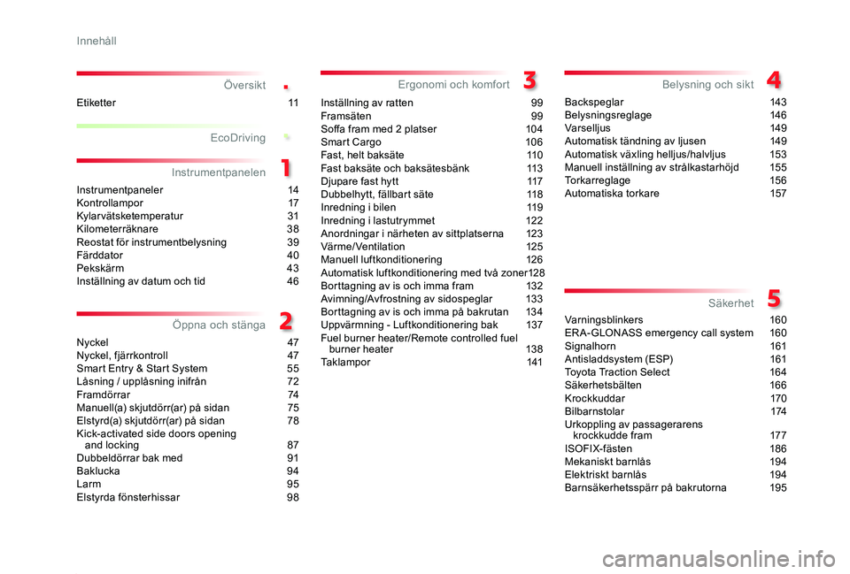 TOYOTA PROACE 2020 Bruksanvisningar (in Swedish) .
.
4
Proace_sv_Chap00a_sommaire_ed01-2019
Översikt
Instrumentpaneler 14Kontrollampor 17Kylarvätsketemperatur 31Kilometerräknare 38Reostat för instrumentbelysning 39Färddator 40Pekskärm 43Ins TOYOTA PROACE 2020 Bruksanvisningar (in Swedish) .
.
4
Proace_sv_Chap00a_sommaire_ed01-2019
Översikt
Instrumentpaneler 14Kontrollampor 17Kylarvätsketemperatur 31Kilometerräknare 38Reostat för instrumentbelysning 39Färddator 40Pekskärm 43Ins