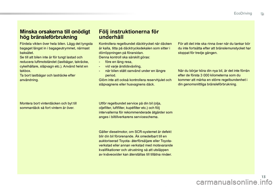 TOYOTA PROACE 2020  Bruksanvisningar (in Swedish) 13
Proace_sv_Chap00c_eco-conduite_ed01-2019
Minska orsakerna till onödigt 
hög bränsleförbrukning
Fördela vikten över hela bilen. Lägg det tyngsta bagaget längst in i bagageutrymmet, närmast 