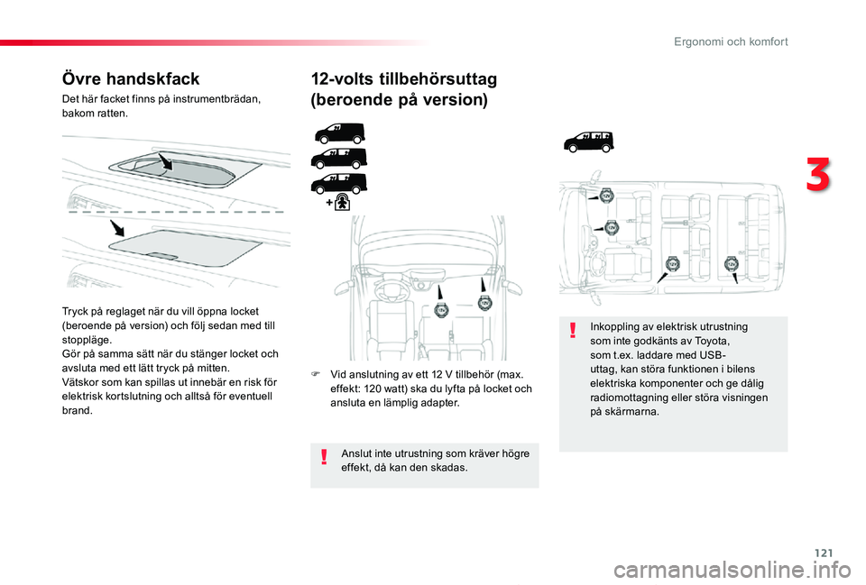 TOYOTA PROACE 2020 Bruksanvisningar (in Swedish) 121
Proace_sv_Chap03_ergonomie-et-confort_ed01-2019
Övre handskfack
Det här facket finns på instrumentbrädan, bakom ratten.
Tryck på reglaget när du vill öppna locket (beroende på version) och TOYOTA PROACE 2020 Bruksanvisningar (in Swedish) 121
Proace_sv_Chap03_ergonomie-et-confort_ed01-2019
Övre handskfack
Det här facket finns på instrumentbrädan, bakom ratten.
Tryck på reglaget när du vill öppna locket (beroende på version) och