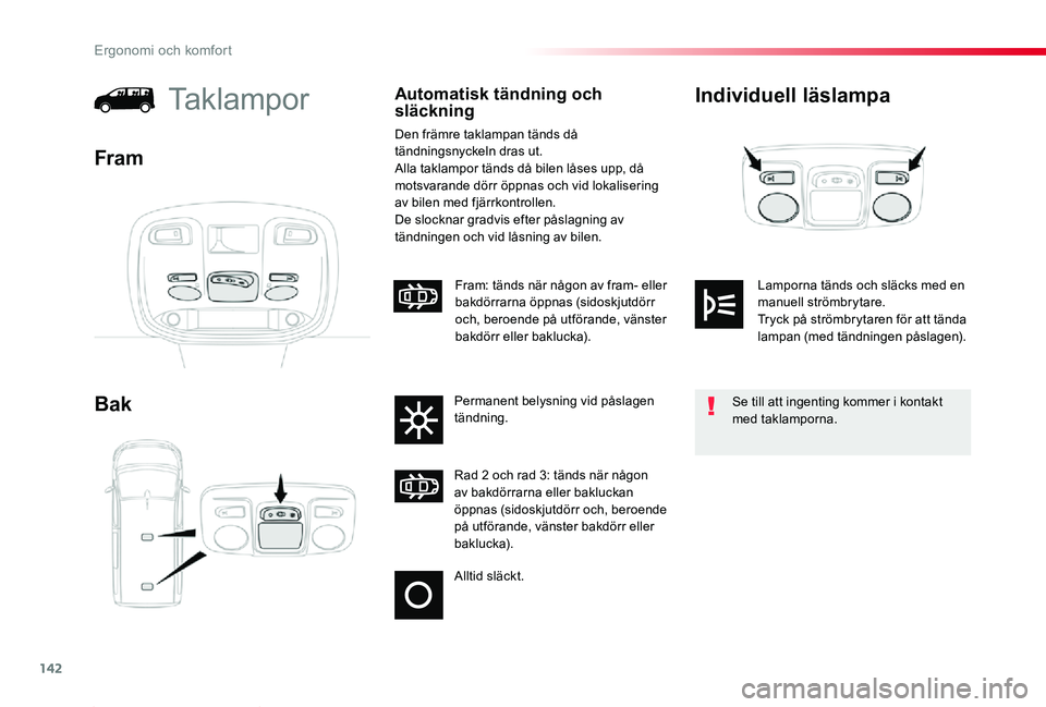 TOYOTA PROACE 2020 Bruksanvisningar (in Swedish) 142
Proace_sv_Chap03_ergonomie-et-confort_ed01-2019
Individuell läslampa
Bak
TaklamporAutomatisk tändning och släckning
Den främre taklampan tänds då tändningsnyckeln dras ut.Alla taklampor tä TOYOTA PROACE 2020 Bruksanvisningar (in Swedish) 142
Proace_sv_Chap03_ergonomie-et-confort_ed01-2019
Individuell läslampa
Bak
TaklamporAutomatisk tändning och släckning
Den främre taklampan tänds då tändningsnyckeln dras ut.Alla taklampor tä