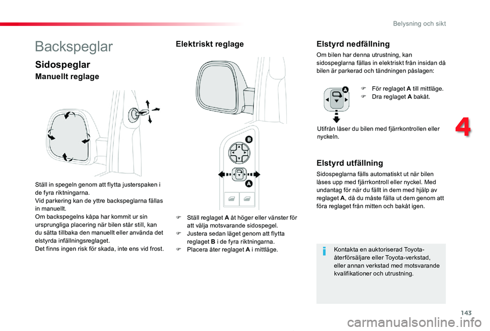 TOYOTA PROACE 2020 Bruksanvisningar (in Swedish) 143
Proace_sv_Chap04_eclairage-et-visibilite_ed01-2019
F Ställ reglaget A åt höger eller vänster för att välja motsvarande sidospegel.F Justera sedan läget genom att flytta reglaget B i de fyra TOYOTA PROACE 2020 Bruksanvisningar (in Swedish) 143
Proace_sv_Chap04_eclairage-et-visibilite_ed01-2019
F Ställ reglaget A åt höger eller vänster för att välja motsvarande sidospegel.F Justera sedan läget genom att flytta reglaget B i de fyra