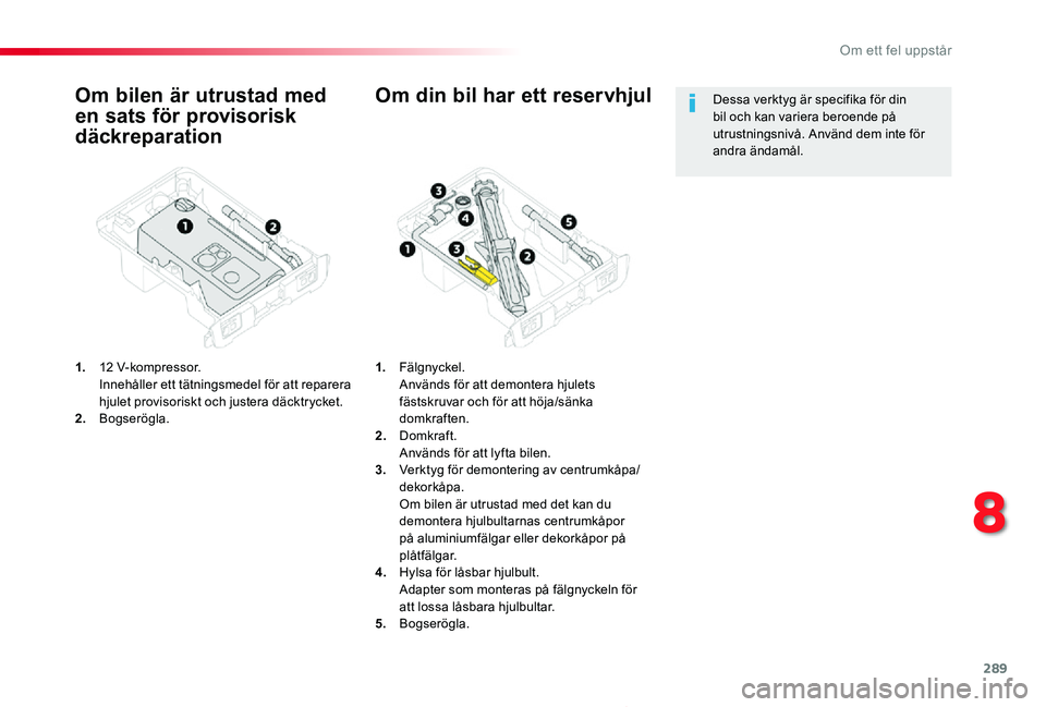 TOYOTA PROACE 2020  Bruksanvisningar (in Swedish) 289
Proace_sv_Chap08_En-cas-de-panne_ed01-2019
Om bilen är utrustad med 
en sats för provisorisk 
däckreparation
1. 12 V-kompressor.  Innehåller ett tätningsmedel för att reparera hjulet proviso