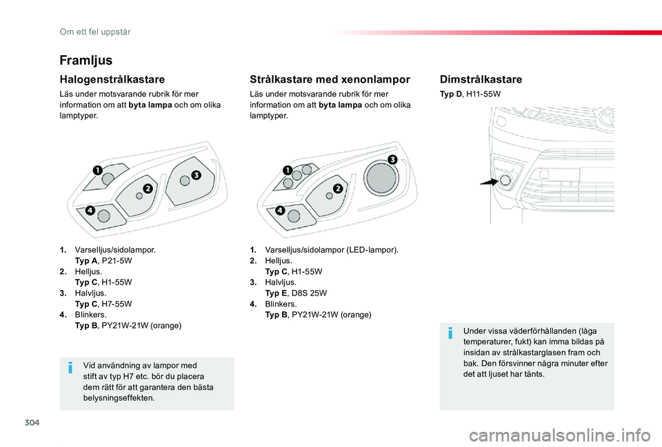 TOYOTA PROACE 2020 Bruksanvisningar (in Swedish) 304
Proace_sv_Chap08_En-cas-de-panne_ed01-2019
Framljus
Strålkastare med xenonlampor
Läs under motsvarande rubrik för mer information om att byta lampa och om olika lamptyper.
Halogenstrålkastare
TOYOTA PROACE 2020 Bruksanvisningar (in Swedish) 304
Proace_sv_Chap08_En-cas-de-panne_ed01-2019
Framljus
Strålkastare med xenonlampor
Läs under motsvarande rubrik för mer information om att byta lampa och om olika lamptyper.
Halogenstrålkastare