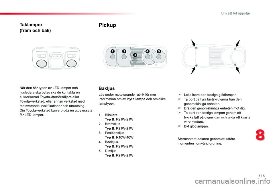 TOYOTA PROACE 2020 Bruksanvisningar (in Swedish) 315
Proace_sv_Chap08_En-cas-de-panne_ed01-2019
Ta k l a m p o r
(fram och bak)
När den här typen av LED-lampor och ljusledare ska bytas ska du kontakta en auktoriserad Toyota-återförsäljare eller TOYOTA PROACE 2020 Bruksanvisningar (in Swedish) 315
Proace_sv_Chap08_En-cas-de-panne_ed01-2019
Ta k l a m p o r
(fram och bak)
När den här typen av LED-lampor och ljusledare ska bytas ska du kontakta en auktoriserad Toyota-återförsäljare eller