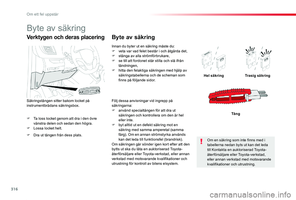 TOYOTA PROACE 2020 Bruksanvisningar (in Swedish) 316
Proace_sv_Chap08_En-cas-de-panne_ed01-2019
F Ta loss locket genom att dra i den övre vänstra delen och sedan den högra.F Lossa locket helt.
Hel säkringTrasig säkring
Tå n g
Verktygen och der TOYOTA PROACE 2020 Bruksanvisningar (in Swedish) 316
Proace_sv_Chap08_En-cas-de-panne_ed01-2019
F Ta loss locket genom att dra i den övre vänstra delen och sedan den högra.F Lossa locket helt.
Hel säkringTrasig säkring
Tå n g
Verktygen och der