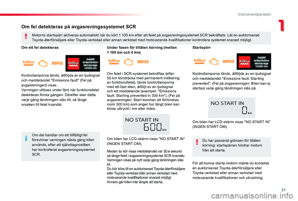 TOYOTA PROACE 2020 Bruksanvisningar (in Swedish) 37
Proace_sv_Chap01_instruments-de-bord_ed01-2019
Startspärr
Kontrollamporna tänds, åtföljda av en ljudsignal
och meddelandet "Emissions fault: Starting prevented". (Fel på avgasreningen TOYOTA PROACE 2020 Bruksanvisningar (in Swedish) 37
Proace_sv_Chap01_instruments-de-bord_ed01-2019
Startspärr
Kontrollamporna tänds, åtföljda av en ljudsignal
och meddelandet "Emissions fault: Starting prevented". (Fel på avgasreningen