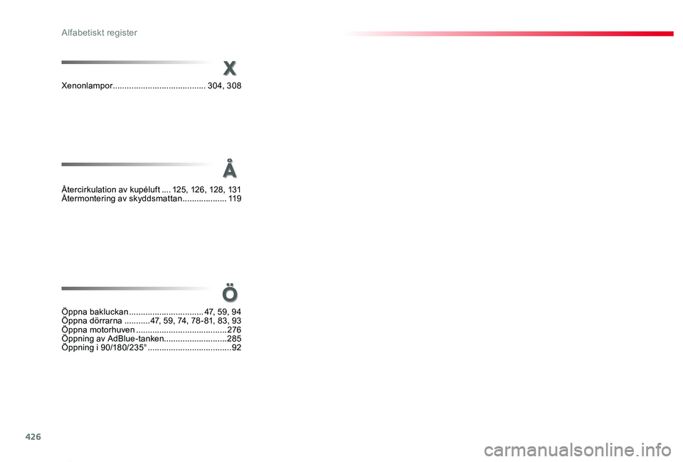 TOYOTA PROACE 2020 Bruksanvisningar (in Swedish) 426
Proace_sv_Chap11_index-alpha_ed01-2019
X
Ö
Xenonlampor ........................................304, 308
Öppna bakluckan ................................47, 59, 94Öppna dörrarna ...........47, TOYOTA PROACE 2020 Bruksanvisningar (in Swedish) 426
Proace_sv_Chap11_index-alpha_ed01-2019
X
Ö
Xenonlampor ........................................304, 308
Öppna bakluckan ................................47, 59, 94Öppna dörrarna ...........47,