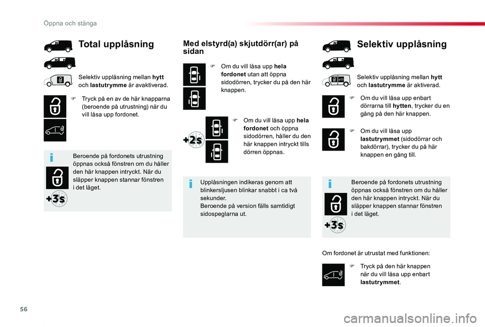 TOYOTA PROACE 2020 Bruksanvisningar (in Swedish) 56
Proace_sv_Chap02_ouvertures_ed01-2019
Med elstyrd(a) skjutdörr(ar) på sidan
F Om du vill låsa upp hela fordonet utan att öppna sidodörren, trycker du på den här knappen.
F Om du vill låsa u TOYOTA PROACE 2020 Bruksanvisningar (in Swedish) 56
Proace_sv_Chap02_ouvertures_ed01-2019
Med elstyrd(a) skjutdörr(ar) på sidan
F Om du vill låsa upp hela fordonet utan att öppna sidodörren, trycker du på den här knappen.
F Om du vill låsa u
