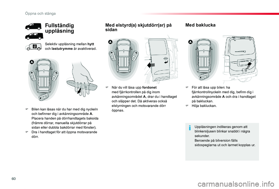 TOYOTA PROACE 2020 Bruksanvisningar (in Swedish) 60
Proace_sv_Chap02_ouvertures_ed01-2019
Selektiv upplåsning mellan hytt och lastutrymme är avaktiverad.
Upplåsningen indikeras genom att blinkersljusen blinkar snabbt i några sekunder.Beroende pà TOYOTA PROACE 2020 Bruksanvisningar (in Swedish) 60
Proace_sv_Chap02_ouvertures_ed01-2019
Selektiv upplåsning mellan hytt och lastutrymme är avaktiverad.
UpplÃ¥sningen indikeras genom att blinkersljusen blinkar snabbt i nÃ¥gra sekunder.Beroende pÃ
