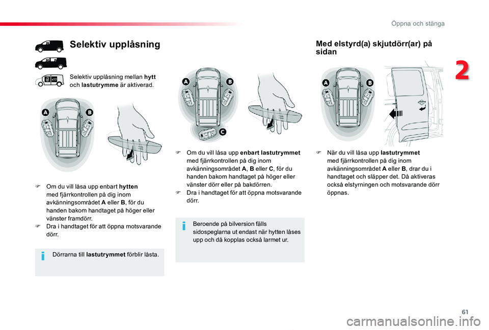 TOYOTA PROACE 2020  Bruksanvisningar (in Swedish) 61
Proace_sv_Chap02_ouvertures_ed01-2019
Beroende på bilversion fälls 
sidospeglarna ut endast när hytten låses upp och då kopplas också larmet ur.
Selektiv upplåsning mellan hytt och lastutrym