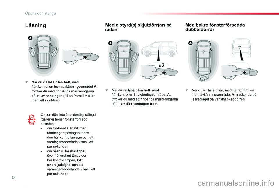 TOYOTA PROACE 2020  Bruksanvisningar (in Swedish) 64
Proace_sv_Chap02_ouvertures_ed01-2019
Med elstyrd(a) skjutdörr(ar) på sidanLåsning
F När du vill låsa bilen helt, med fjärrkontrollen inom avkänningsområdet A, trycker du med fingret på ma